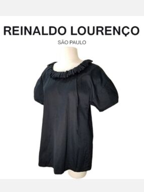 Reinaldo Lourenço Looped Collar Detail Puff Short Sleeve Black Cotton Blouse 44